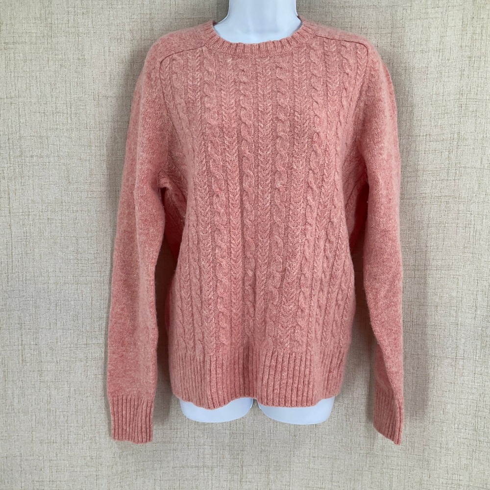 J Crew Womens Pink 100% Wool Cable Knit Crewneck Sweater Sz M  Preppy Knit Luxe‎